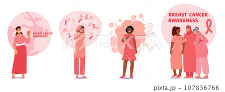 Women Passionately Promote Breast Cancer Awareness. Female Characters Advocating For Early Detection Vector Illustration Women Passionately Promote Breast Cancer Awareness. Female Characters Advocating For Early Detection Vector Illustration 107836766