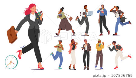 Modern Hustle Of Life. People Eating On The Go, Characters Juggling Meals Amidst The Chaos, Vector Illustration, Set 107836769