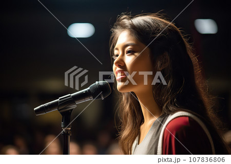 Empowering Graduation Speech Young Woman's Candid First-Time Public Speaking Event. created with Generative AI 107836806