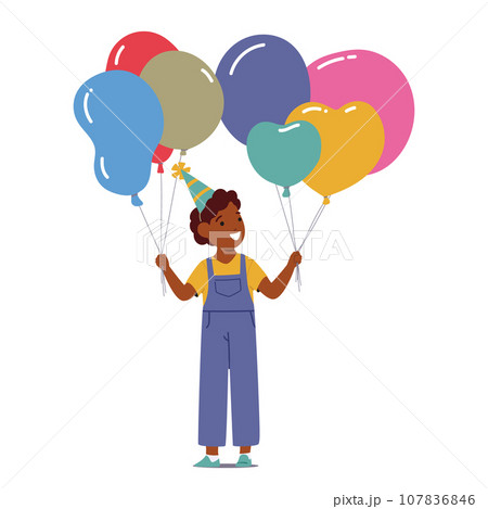 Little Boy Gleefully Holds Colorful Balloons At His Birthday Party, His Face Beaming With Delight And Excitement 107836846