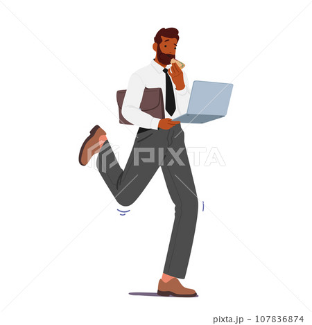 Multitasking Businessman Character with Laptop In Hand Dines On The Move, Cartoon People Vector Illustration 107836874