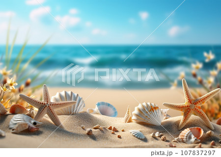 Tropical Beach Mockup with Seashells and Starfish on Seaside Sands, Capturing the Essence of a Relaxing Summer Vacation Getaway by the Sea. created with Generative AI 107837297