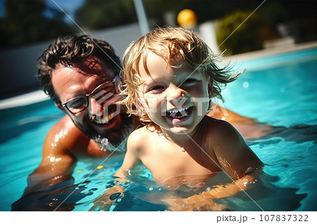 Father and Toddler Daughter Share Laughter, Joy, and Candid Moments in the Swimming Pool, Celebrating Parenthood. created with Generative AI 107837322
