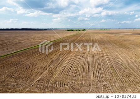 Beautiful cloudy sky over plowed farm fields. Agricultural landscape. 107837433