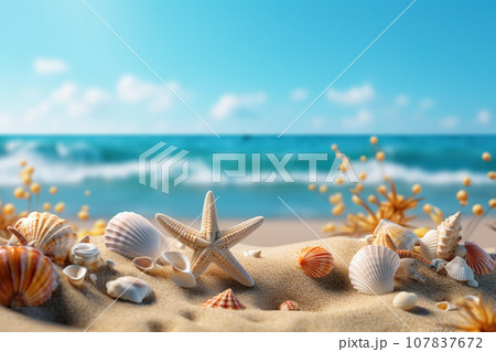 Tropical Beach Mockup with Seashells and Starfish on Seaside Sands, Capturing the Essence of a Relaxing Summer Vacation Getaway by the Sea. created with Generative AI 107837672