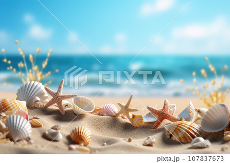 Tropical Beach Mockup with Seashells and Starfish on Seaside Sands, Capturing the Essence of a Relaxing Summer Vacation Getaway by the Sea. created with Generative AI 107837673