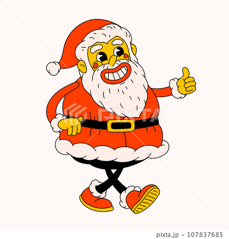 Retro style Funny cartoon Santa Claus. Groovy vintage 70s Santa character giving a thumbs up. Ideal for Christmas and New Year sticker designs and decorations, 107837685