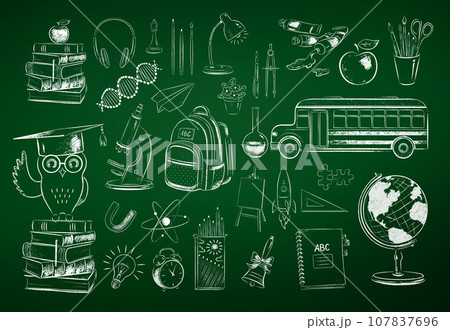 Education and science items on green chalkboard 107837696