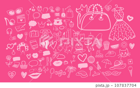 Beauty and fashion doodles on pink background 107837704