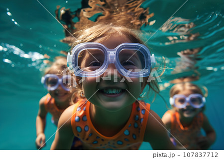 Two Young Children Wearing Swim Goggles Delight in Carefree Summer Fun, Creating Cherished Childhood Memories. created with Generative AI Two Young Children Wearing Swim Goggles Delight in Carefree Summer Fun, Creating Cherished Childhood Memories. created with Generative AI 107837712