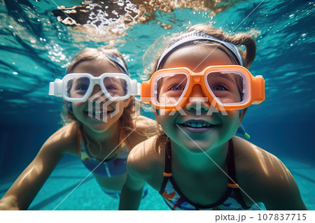 Two Young Children Wearing Swim Goggles Delight in Carefree Summer Fun, Creating Cherished Childhood Memories. created with Generative AI Two Young Children Wearing Swim Goggles Delight in Carefree Summer Fun, Creating Cherished Childhood Memories. created with Generative AI 107837715