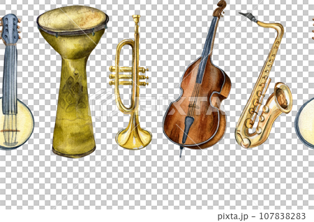 Watercolor drawn musical instruments isolated on white background. Seamless border for a music project. Hand drawn saxophone, double bass, trumpet, drums, and banjo. Design element for print Watercolor drawn musical instruments isolated on white background. Seamless border for a music project. Hand drawn saxophone, double bass, trumpet, drums, and banjo. Design element for print 107838283