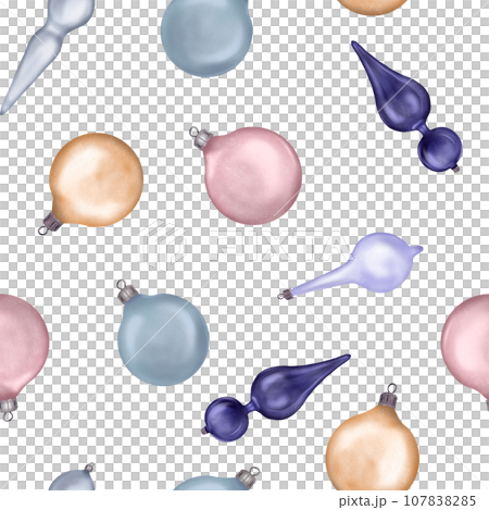 Christmas seamless pattern with Christmas ornaments, ball digital illustration isolated on white. Holiday symbol, decoration hand drawn. Element for new year design wrapping, textile, background Christmas seamless pattern with Christmas ornaments, ball digital illustration isolated on white. Holiday symbol, decoration hand drawn. Element for new year design wrapping, textile, background 107838285