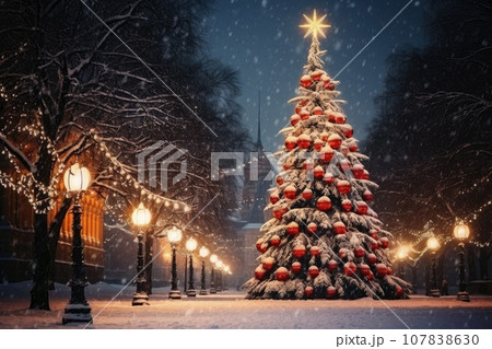 large illuminated christmas tree in the city at night large illuminated christmas tree in the city at night 107838630