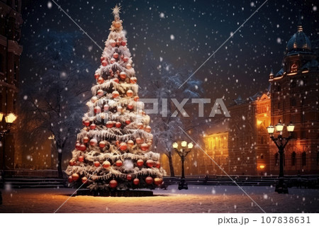 large illuminated christmas tree in the city at night large illuminated christmas tree in the city at night 107838631