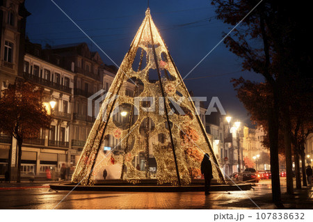 large illuminated christmas tree in the city at night large illuminated christmas tree in the city at night 107838632