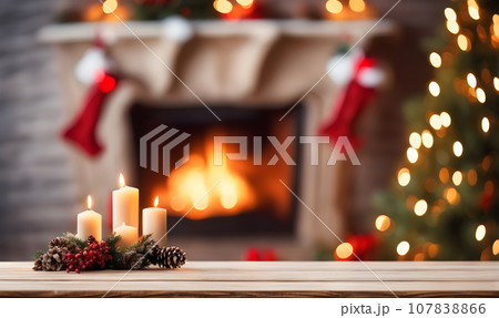 Christmas table with blurred fireplace backdrop 107838866