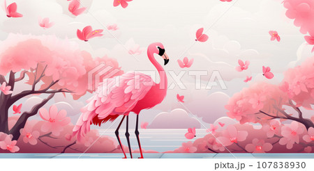 Pink flamingo with exotic flowers Pink flamingo with exotic flowers 107838930
