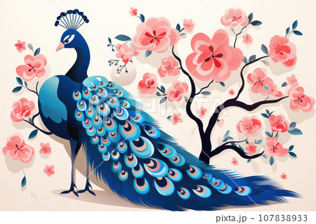 Peacock on a branch with flowers 107838933
