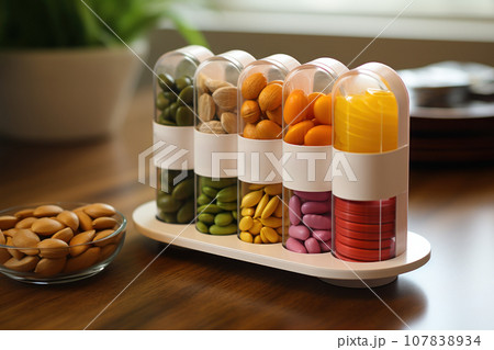 Pill boxes with colorful pills 107838934