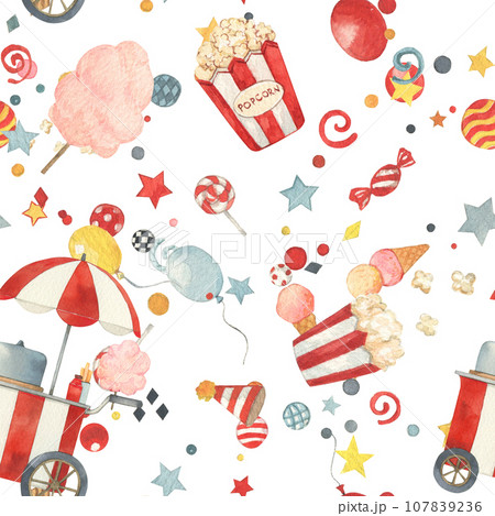 Watercolor circus seamless pattern. Hand drawn texture with air balloons, balls, popcorn, ice cream. Carnival wallpaper design perfect for kids decor, nursery, invitation 107839236