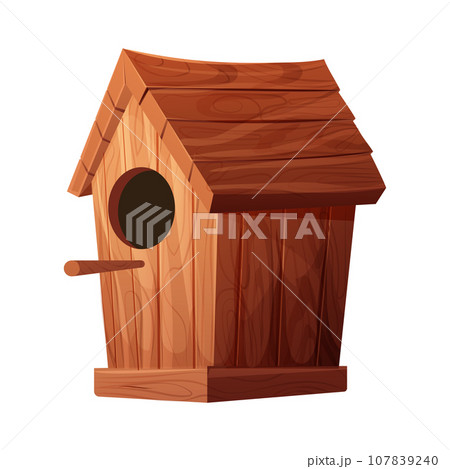 Wooden bird house, place for nest, empty decoration in cartoon style textured wood object isolated on white background. Springtime decoration, hanging home. 107839240