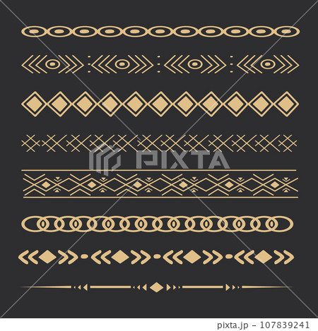 Set tribal golden ethnic arrow dividers, native indian bow boho in doodle style isolated on dark background. Collection borders, decoration elements 107839241