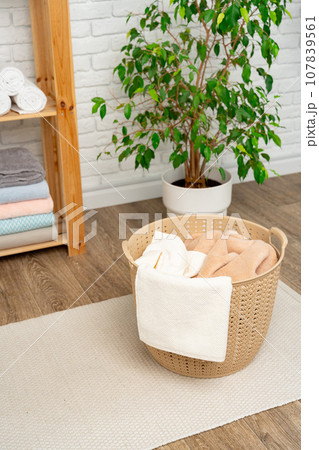 Beige plastic basket for laundry in a room 107839561