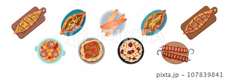 Turkish National Food and Dish Above View Vector Set 107839841