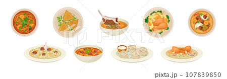 Uzbek Cuisine Traditional Dishes and Food Vector Set 107839850