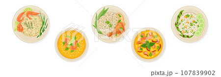Thai Dish and Main Course with Rice and Shrimp Served on Plate Above View Vector Set 107839902