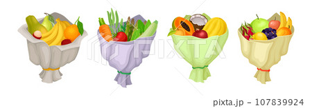 Ripe and Juicy Fruit and Vegetable Bunch or Bouquet Wrapped in Paper Vector Set 107839924