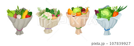 Ripe and Juicy Fruit and Vegetable Bunch or Bouquet Wrapped in Paper Vector Set Ripe and Juicy Fruit and Vegetable Bunch or Bouquet Wrapped in Paper Vector Set 107839927