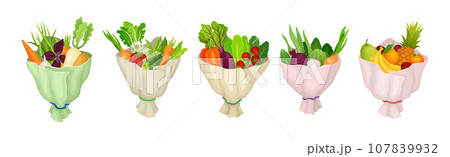 Ripe and Juicy Fruit and Vegetable Bunch or Bouquet Wrapped in Paper Vector Set Ripe and Juicy Fruit and Vegetable Bunch or Bouquet Wrapped in Paper Vector Set 107839932