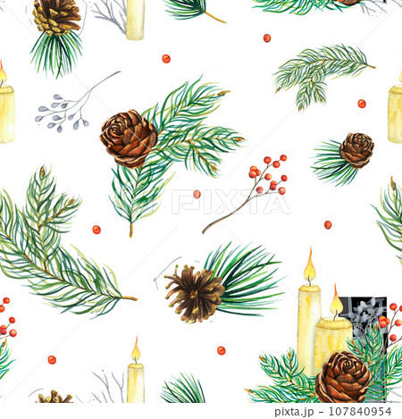 Watercolour seamless pattern with white candles with fire, pine cone, fir branches, red berries. Hand drawn illustration, cozy decorations for Christmas and New Year 107840954
