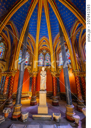 Lower chapel of Sainte-Chapelle with statue of Louis IX. Palais de la Cite, Paris, France 107841193