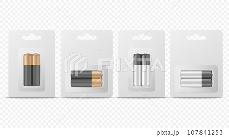Vector 3d Realistic Two Alkaline Battery in Paper Blister Icon Set Closeup Isolated. AA Size, Horizontal and Vertical Position. Design Template for Branding, Mockup 107841253