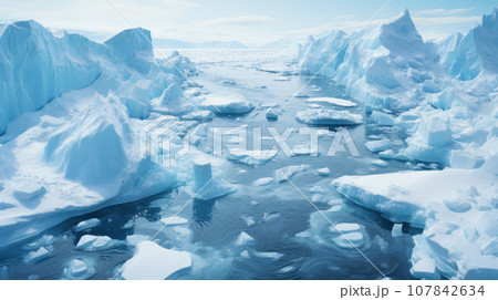 Antarctica with ice, glacier and snow, view of water and icebergs. Concept of nature, winter, climate change, warming and travel 107842634