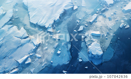 Aerial top view of ice and glacier in Antarctica, floating icebergs and snow cover in sea water. Concept of nature, winter, climate change, warming and travel. Aerial top view of ice and glacier in Antarctica, floating icebergs and snow cover in sea water. Concept of nature, winter, climate change, warming and travel. 107842636