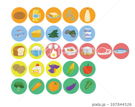 いろいろな食べ物 栄養素　手書き水彩風イラストセット 107844526