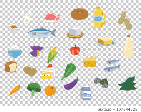 いろいろな食べ物と栄養素　手書き水彩風イラストセット 107844528
