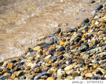 石の多い砂浜の波打ち際。 107845652
