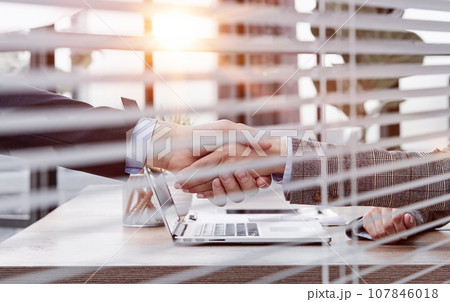 through-blinds. business colleagues meeting each other with a handshake. through-blinds. business colleagues meeting each other with a handshake. 107846018