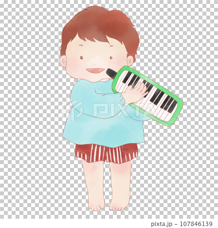 Illustration of a boy playing a keyboard harmonica 107846139