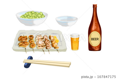 ビールと焼き鳥盛り合わせと枝豆 107847175