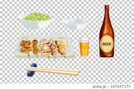 ビールと焼き鳥盛り合わせと枝豆 107847175