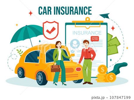 Car Insurance Vector Illustration for Protection For Vehicle Damage And Emergency Risks with Form Document and Cars in Flat Cartoon Background 107847199