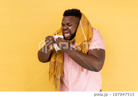 Portrait of unhealthy man in warm scarf coughing sneezing hard in napkin, feeling unwell with runny nose, severe seasonal allergy, influenza symptoms. Indoor studio shot isolated on yellow background. 107847515
