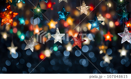 カラフルなクリスマスの星のオーナメントの背景「AI生成画像」 107848615
