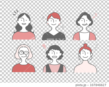 ポジティブな顔の女性の上半身アイコンセット 107848827